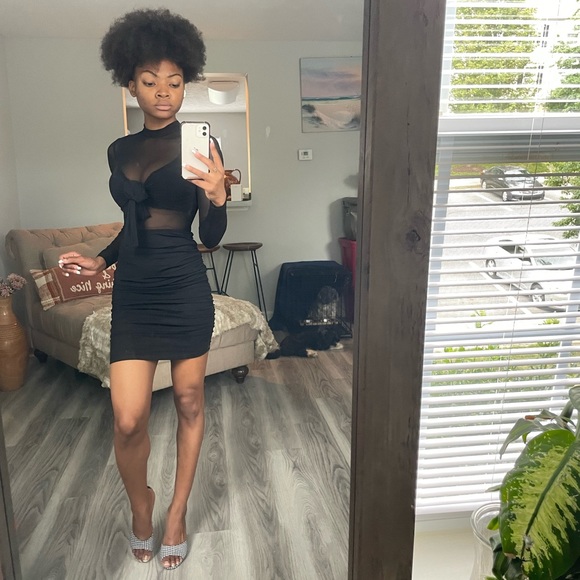 Black Long Sleeved MIDI Dress Mesh Top Material - Picture 3 of 8